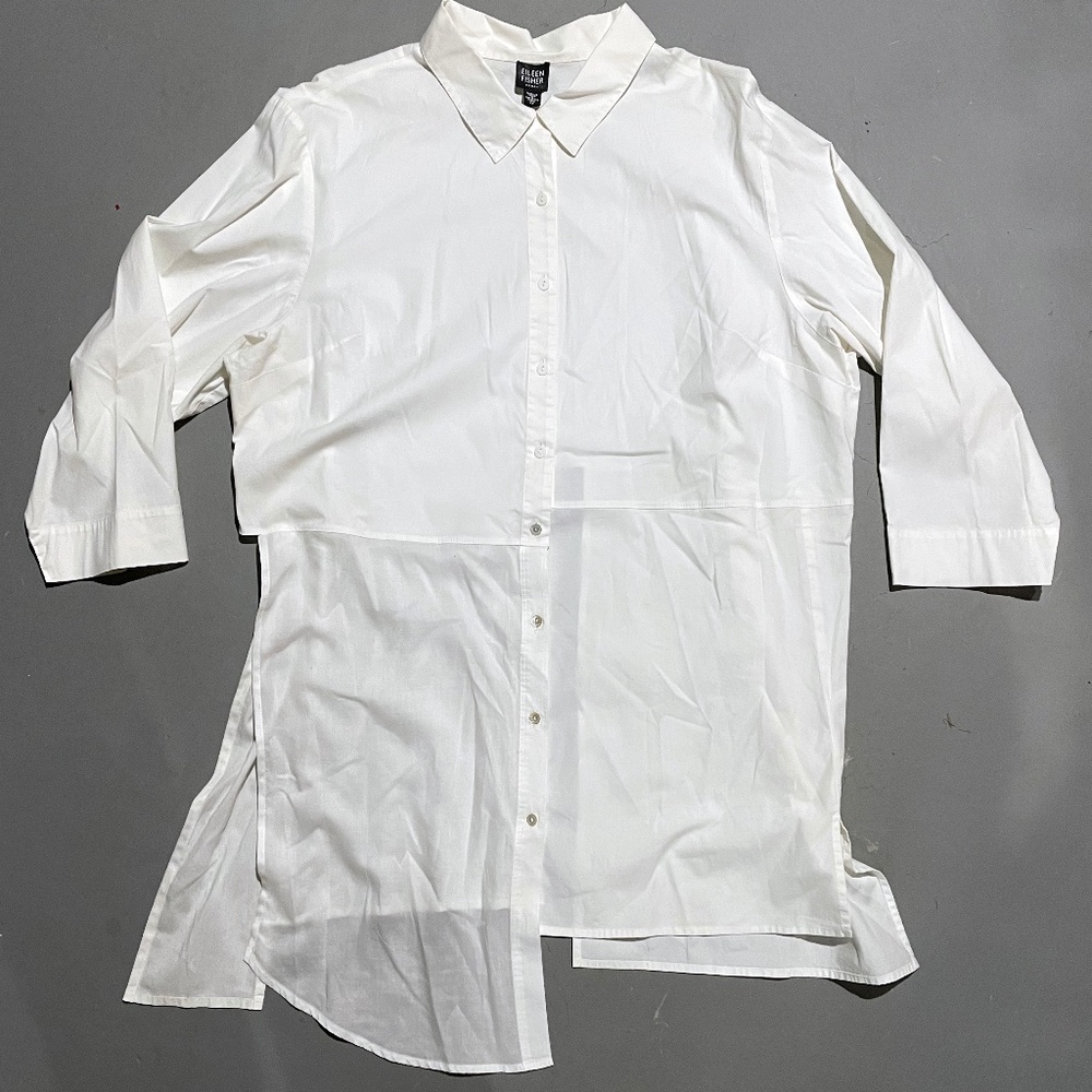 Eileen Fisher RENEW re-worked long silhouette button up long sleeve blouse